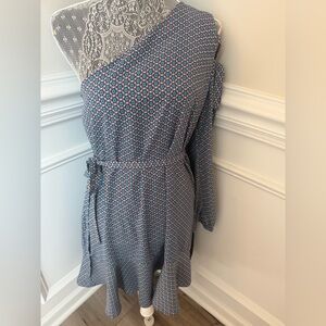 Review Womens Blue patterned, one-shoulder mini dress with a side tie Size L